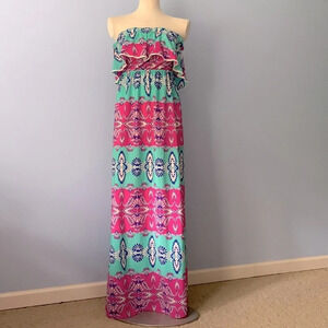 Peach love California size medium turquoise pink floral paisley strapless maxi